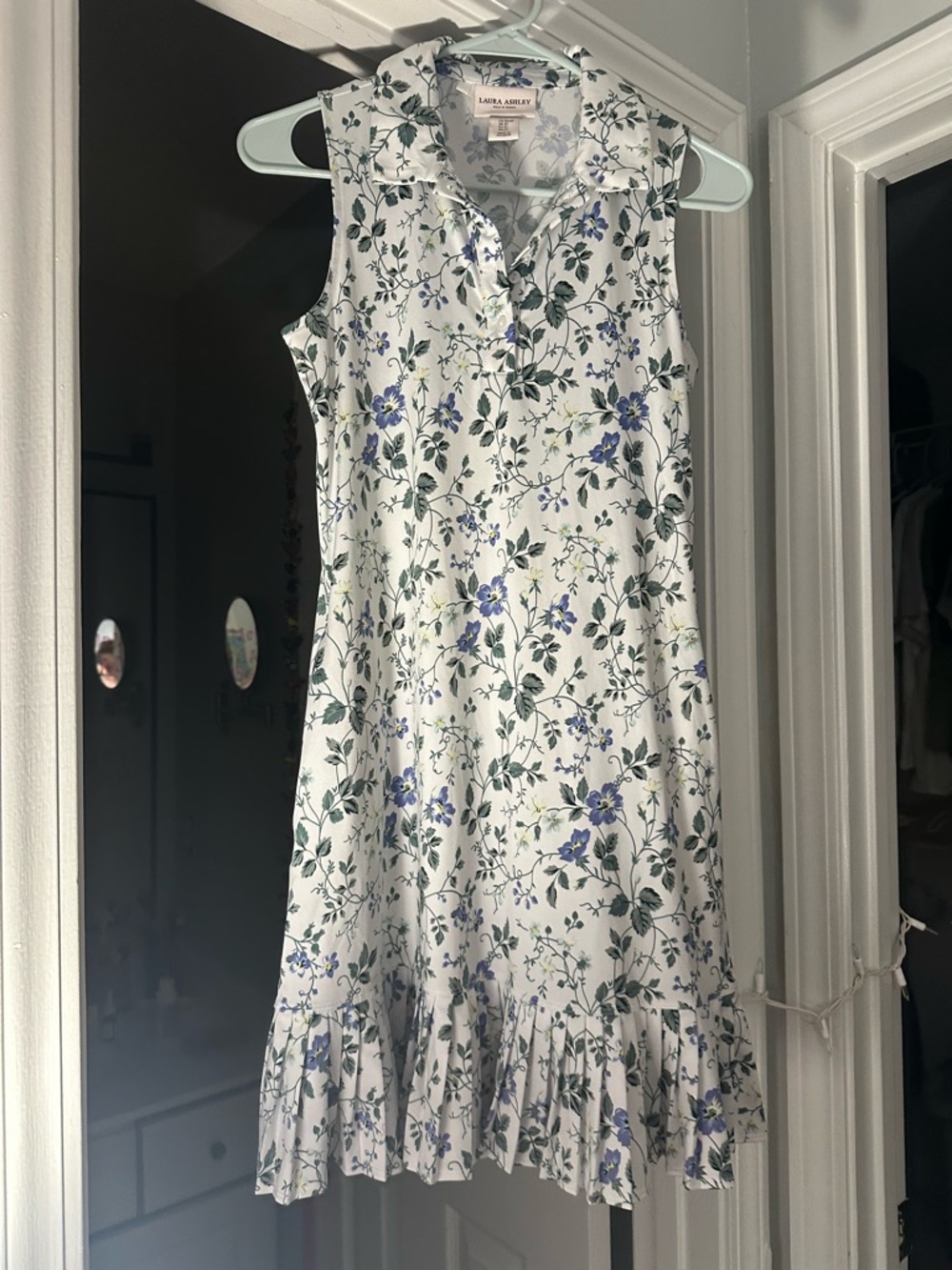 Laura Ashley White Floral Collared Midi Dress with Blue & Green Print